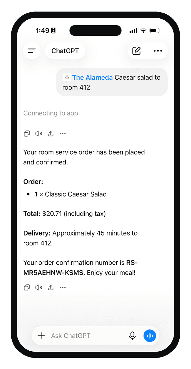 Room service order placed and confirmed with The Alameda inside ChatGPT