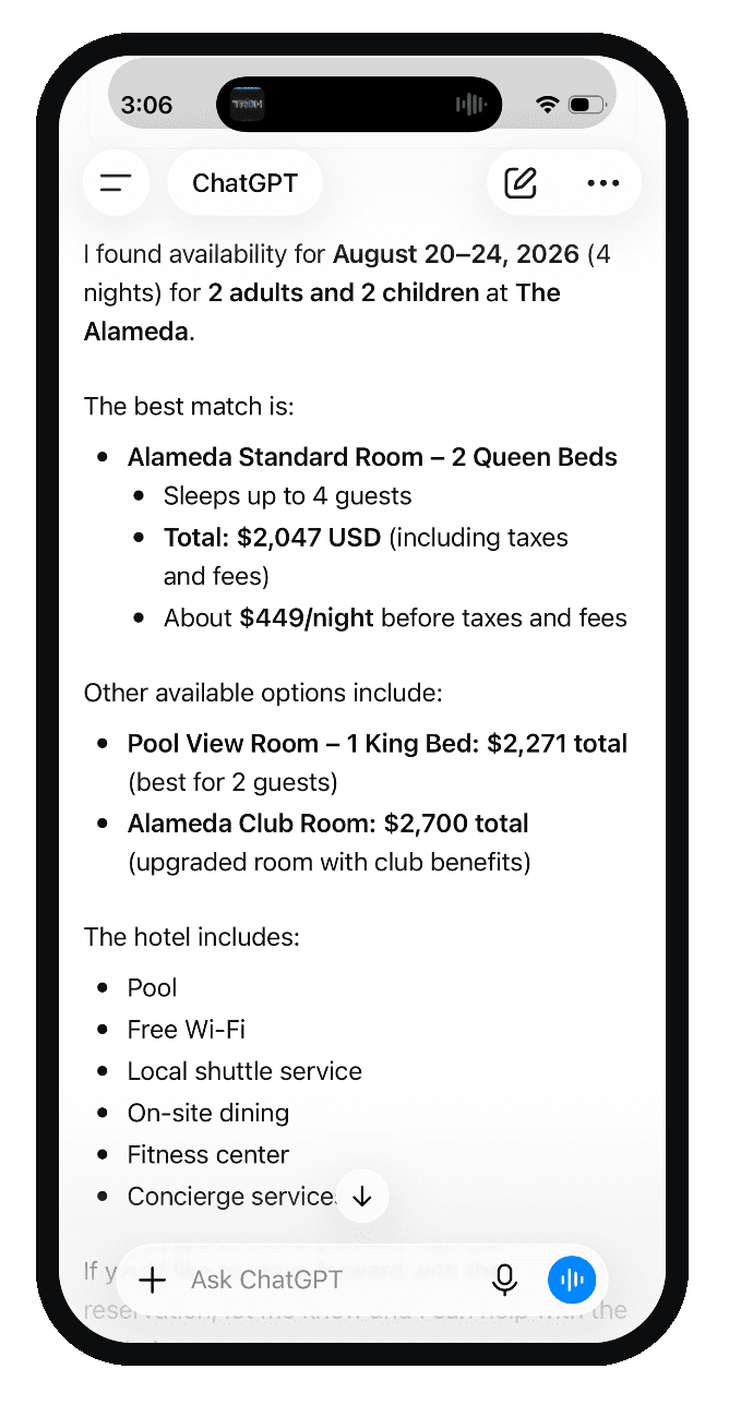 ChatGPT recommending The Alameda for a return stay
